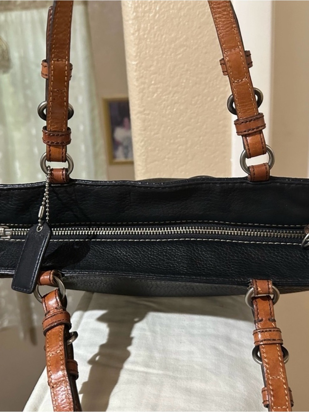 Coach Black Pebbled Leather Tote with Saddle Brown Handles - Picture 6 of 9